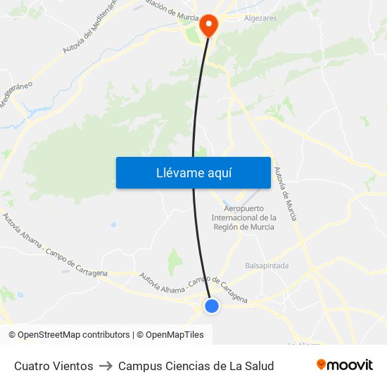 Cuatro Vientos to Campus Ciencias de La Salud map