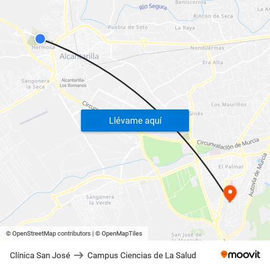 Clínica San José to Campus Ciencias de La Salud map