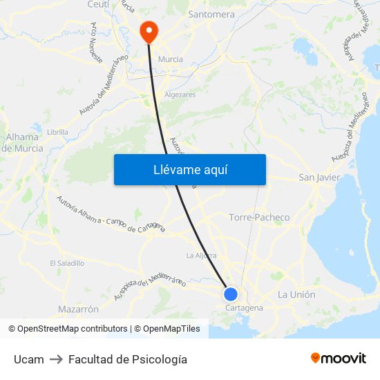 Ucam to Facultad de Psicología map