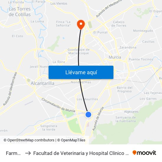 Farmacia to Facultad de Veterinaria y Hospital Clínico Veterinario map