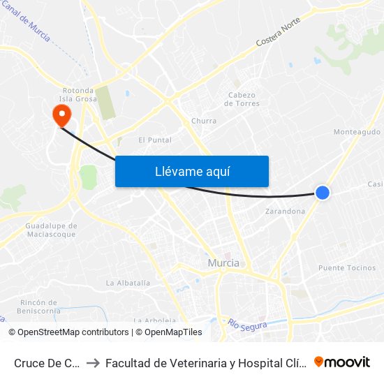 Cruce De Casillas to Facultad de Veterinaria y Hospital Clínico Veterinario map