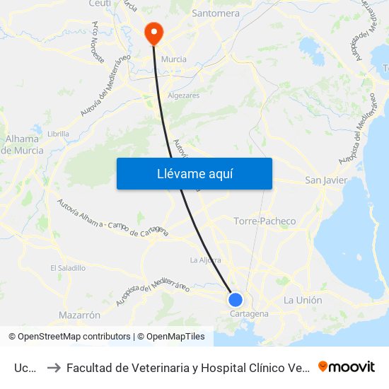 Ucam to Facultad de Veterinaria y Hospital Clínico Veterinario map