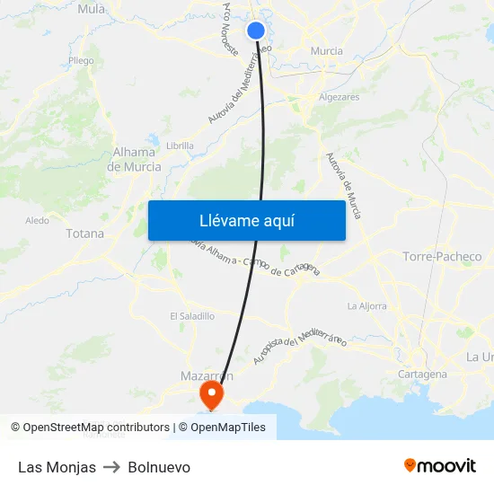 Las Monjas to Bolnuevo map