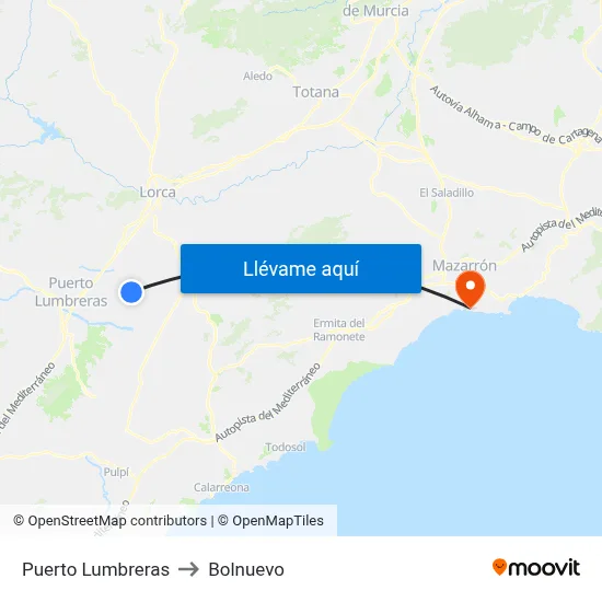 Puerto Lumbreras to Bolnuevo map
