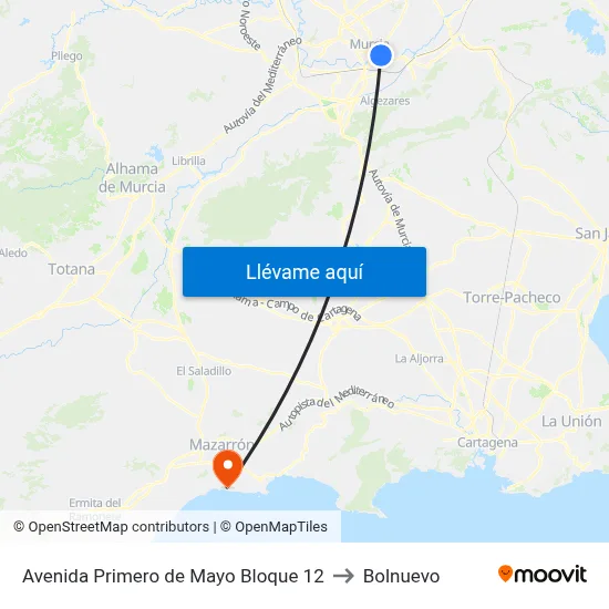 Avenida Primero de Mayo Bloque 12 to Bolnuevo map