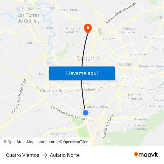 Cuatro Vientos to Aulario Norte map