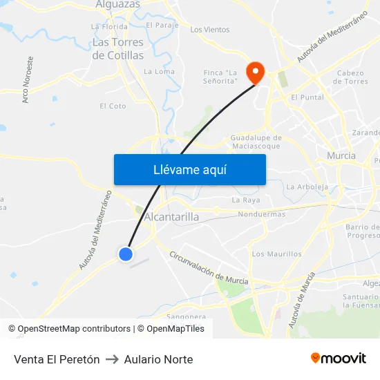 Venta El Peretón to Aulario Norte map