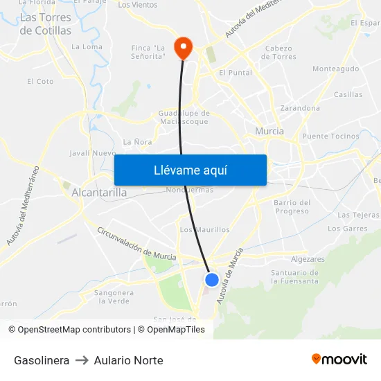 Gasolinera to Aulario Norte map