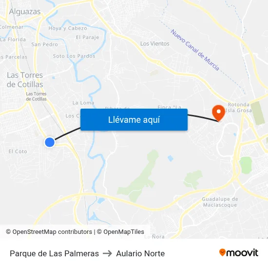 Parque de Las Palmeras to Aulario Norte map