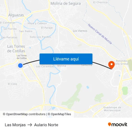 Las Monjas to Aulario Norte map