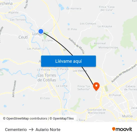 Cementerio to Aulario Norte map