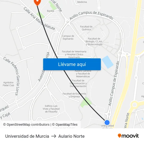 Universidad de Murcia to Aulario Norte map