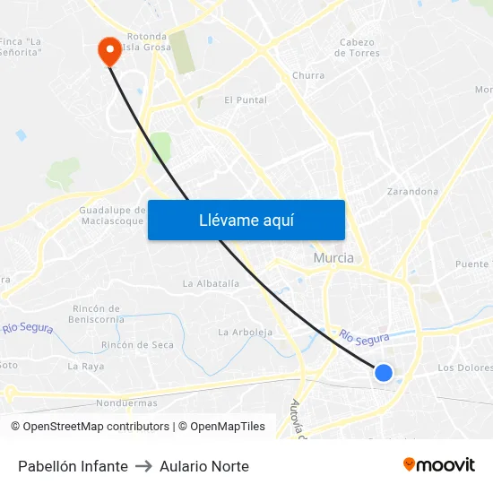 Pabellón Infante to Aulario Norte map