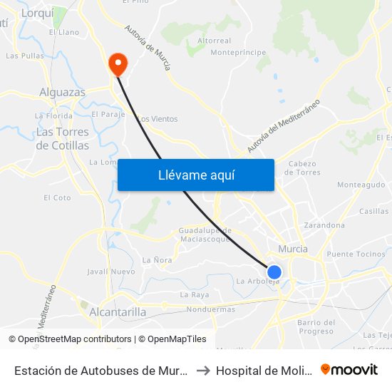 Estación de Autobuses de Murcia to Hospital de Molina map