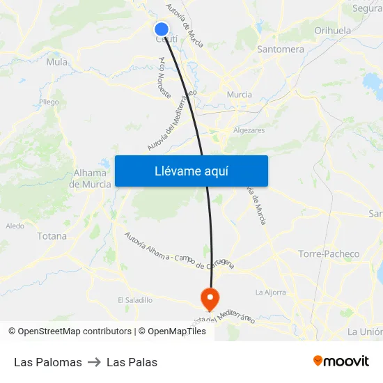 Las Palomas to Las Palas map