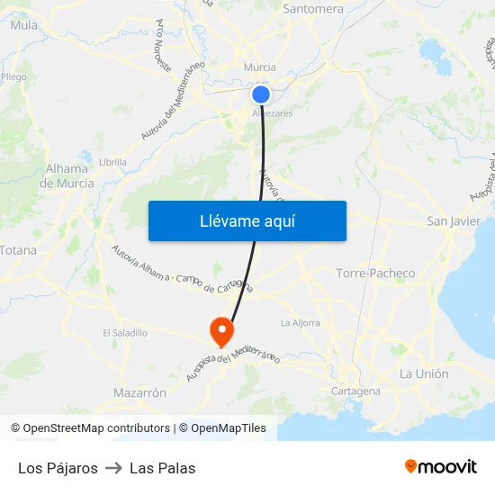 Los Pájaros to Las Palas map
