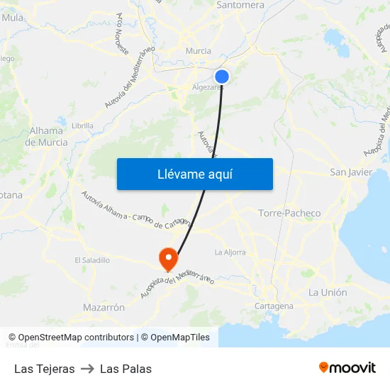 Las Tejeras to Las Palas map