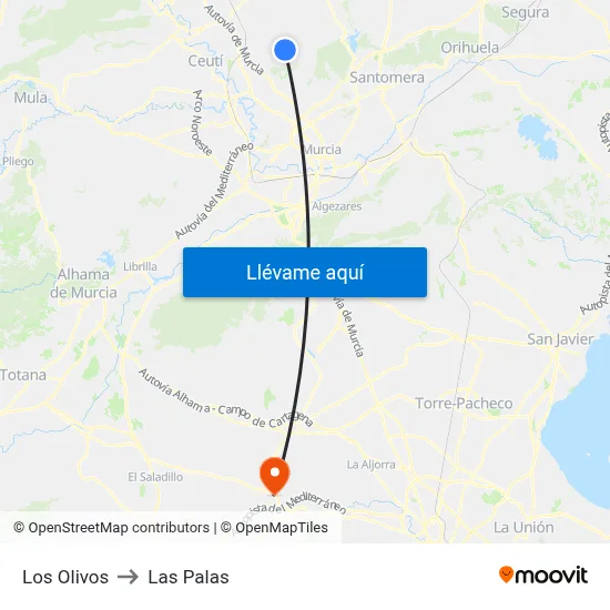 Los Olivos to Las Palas map