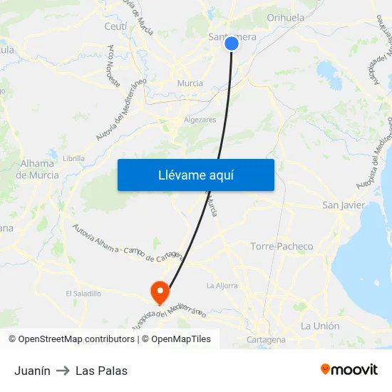 Juanín to Las Palas map