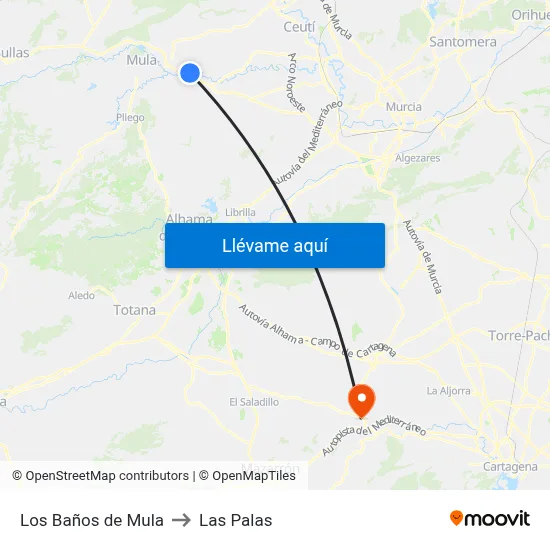 Los Baños de Mula to Las Palas map
