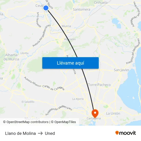 Llano de Molina to Uned map