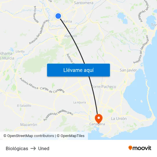 Biológicas to Uned map