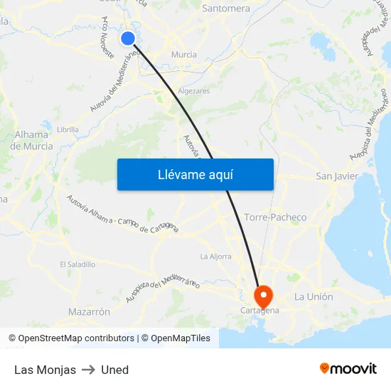 Las Monjas to Uned map