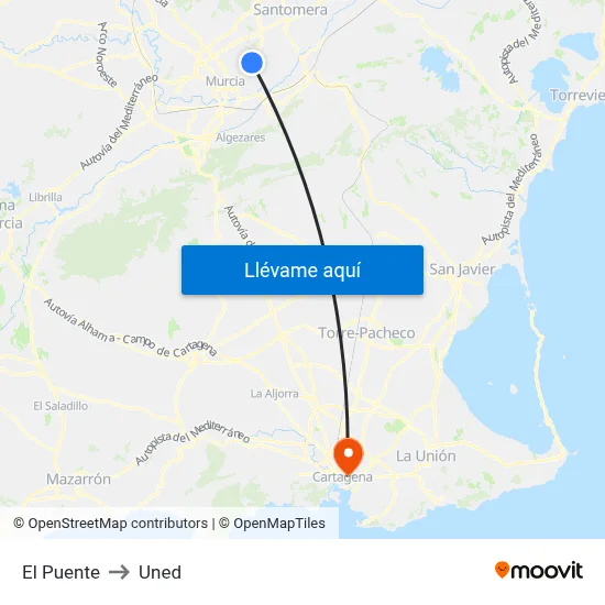 El Puente to Uned map