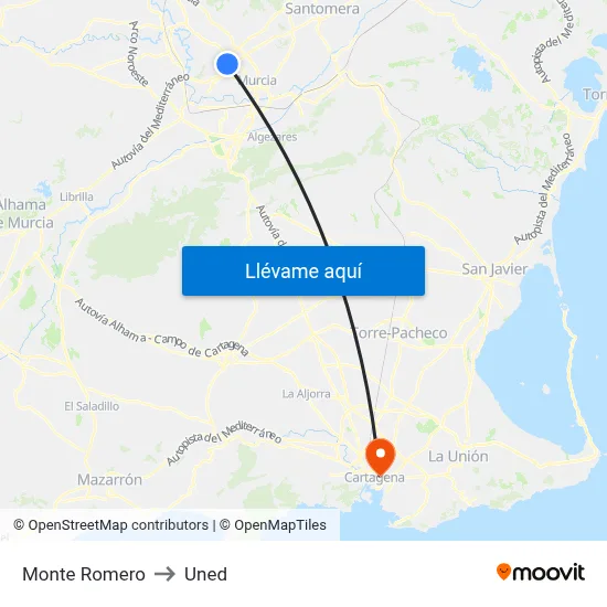 Monte Romero to Uned map