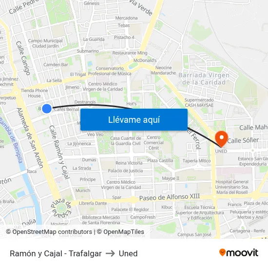 Ramón y Cajal - Trafalgar to Uned map