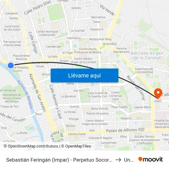 Sebastián Feringán (Impar) - Perpetuo Socorro to Uned map