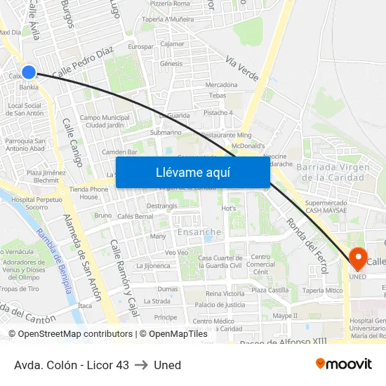 Avda. Colón - Licor 43 to Uned map