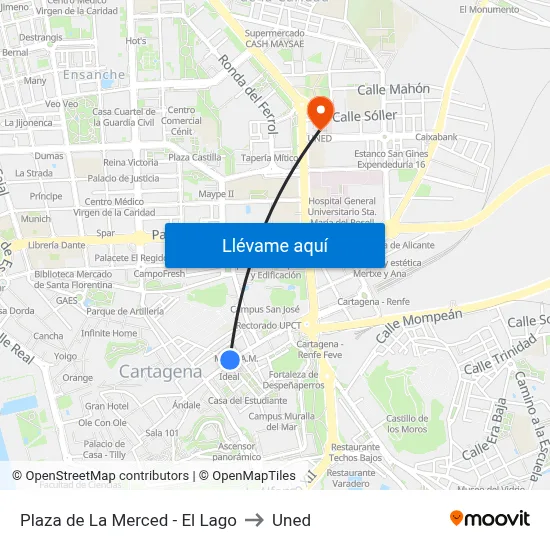 Plaza de La Merced - El Lago to Uned map