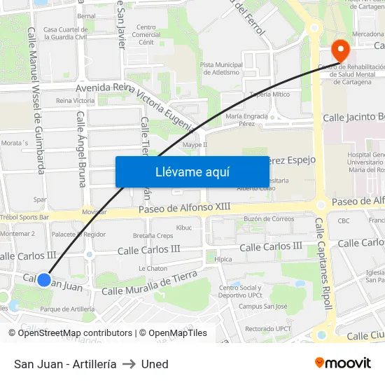 San Juan - Artillería to Uned map
