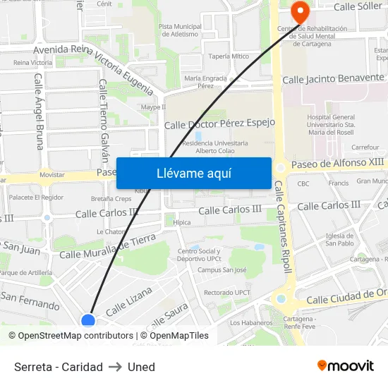 Serreta - Caridad to Uned map