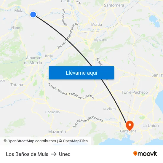 Los Baños de Mula to Uned map