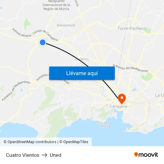 Cuatro Vientos to Uned map