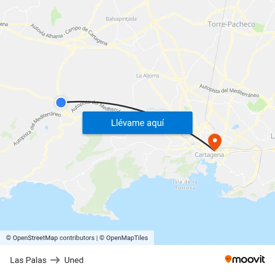 Las Palas to Uned map