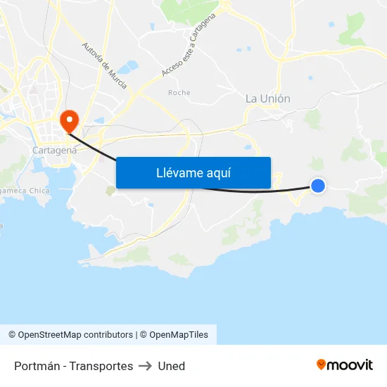 Portmán - Transportes to Uned map
