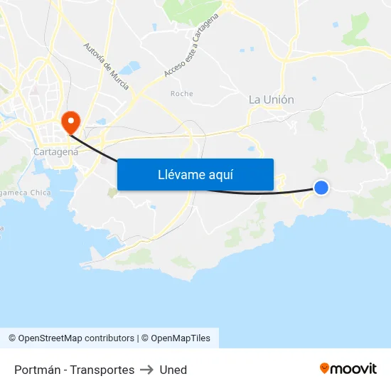 Portmán - Transportes to Uned map