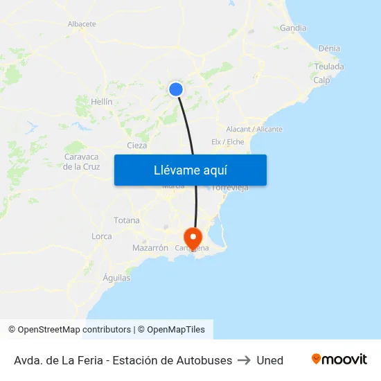 Avda. de La Feria - Estación de Autobuses to Uned map