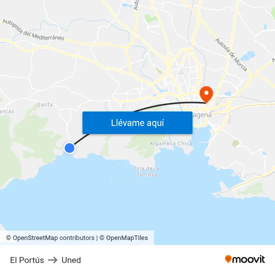 El Portús to Uned map