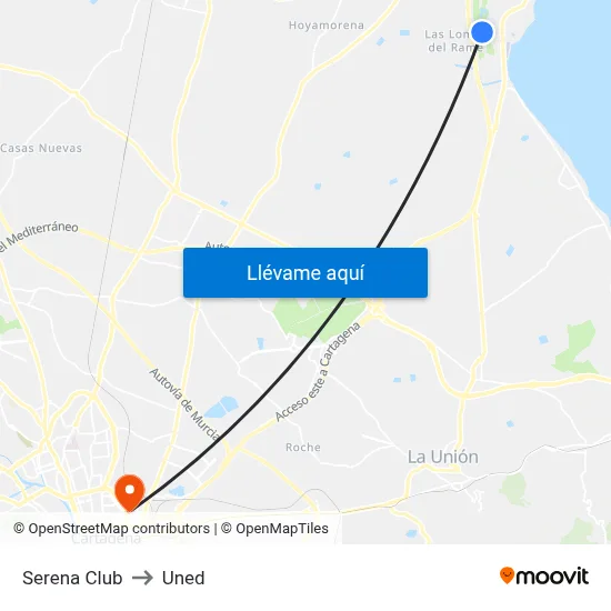 Serena Club to Uned map