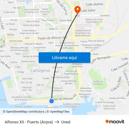 Alfonso XII - Puerto (Arqva) to Uned map