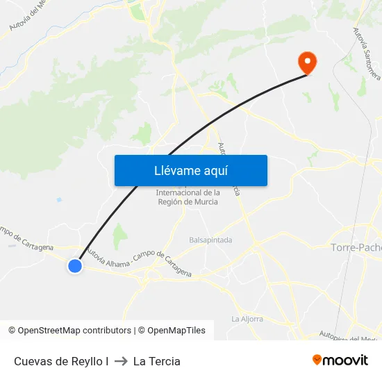 Cuevas de Reyllo I to La Tercia map