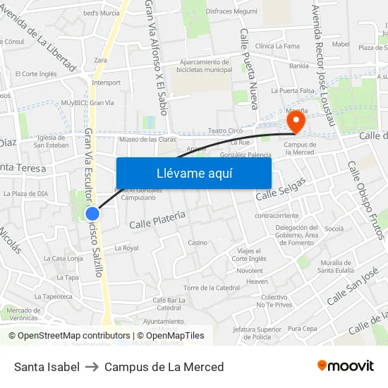 Santa Isabel to Campus de La Merced map