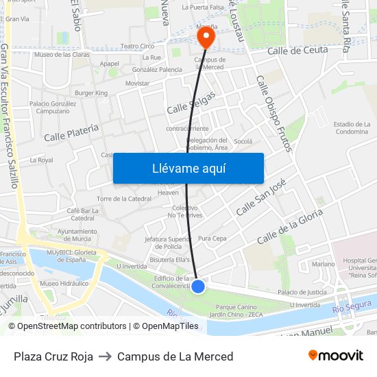 Plaza Cruz Roja to Campus de La Merced map