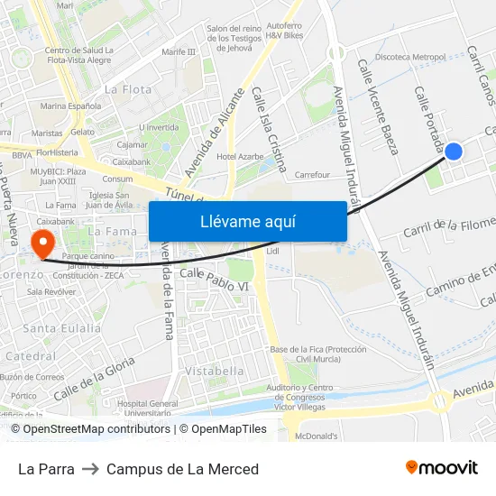 La Parra to Campus de La Merced map