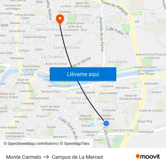 Monte Carmelo to Campus de La Merced map