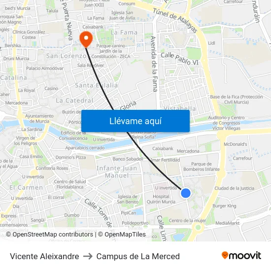 Vicente Aleixandre to Campus de La Merced map